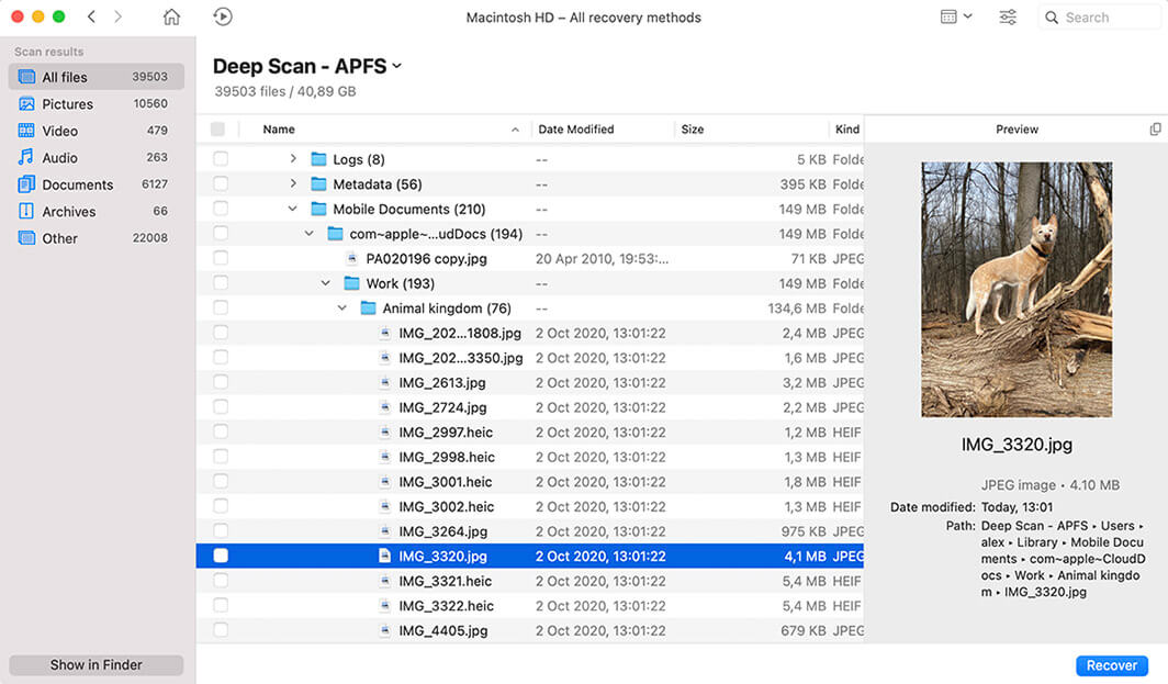 Сканирование, обзор и восстановление – Простое восстановление данных для Mac